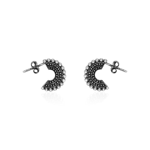 Oxidised Silver Beaded Crescent Earrings