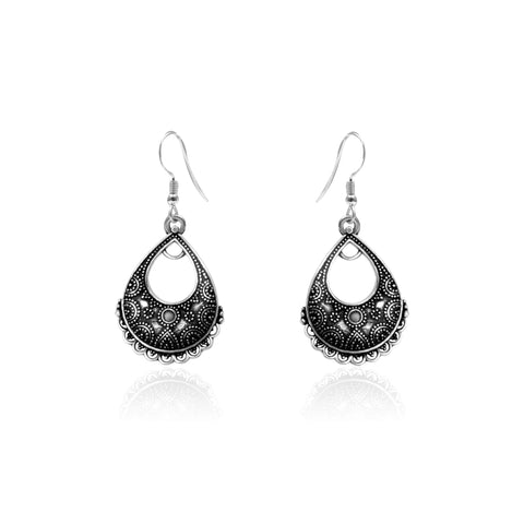 Oxidised Silver Tribal Drop Earrings