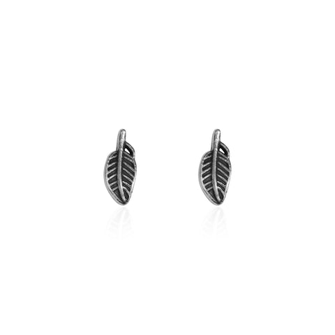 Oxidised Silver Tiny Leaf Studs