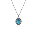 Oxidised Silver Blue Bead Oval Pendant with Box Chain