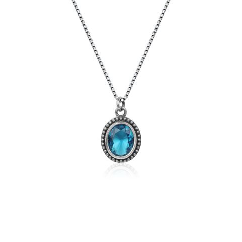 Oxidised Silver Blue Bead Oval Pendant with Box Chain