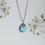 Oxidised Silver Blue Bead Oval Pendant with Box Chain