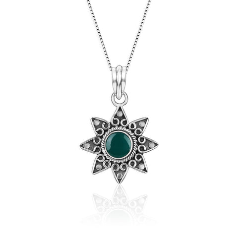 Oxidised Silver Green Star Pendant with Box Chain