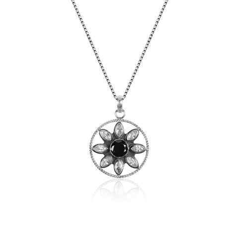 Oxidised Silver Star Studded Black Pendant