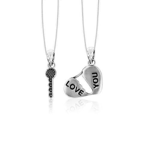 Oxidised Silver Heart Key Couple Pendant with Box Chain