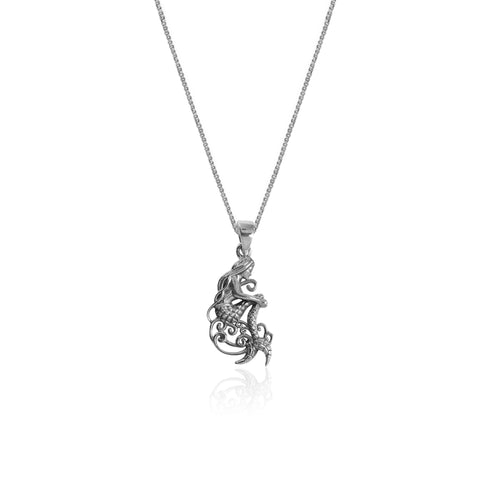 Oxidised Silver Mermaid Pendant with Box Chain