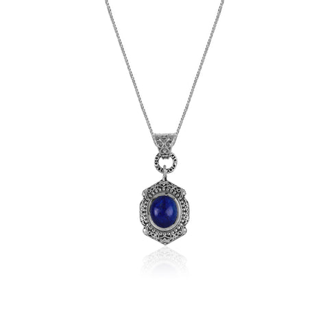 Oxidised Silver Royal Blue Ethnic Pendant With Box Chain