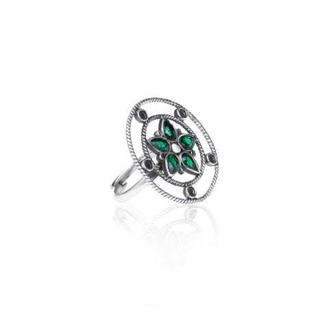 Oxidised Silver Emerald Green Flower Ring