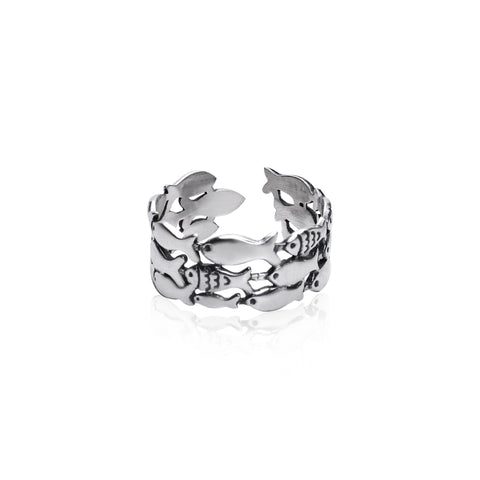 Oxidised Silver Layered Fish Ring