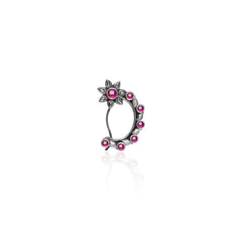 Oxidised Silver Pink Flower Crescent Nose Pin